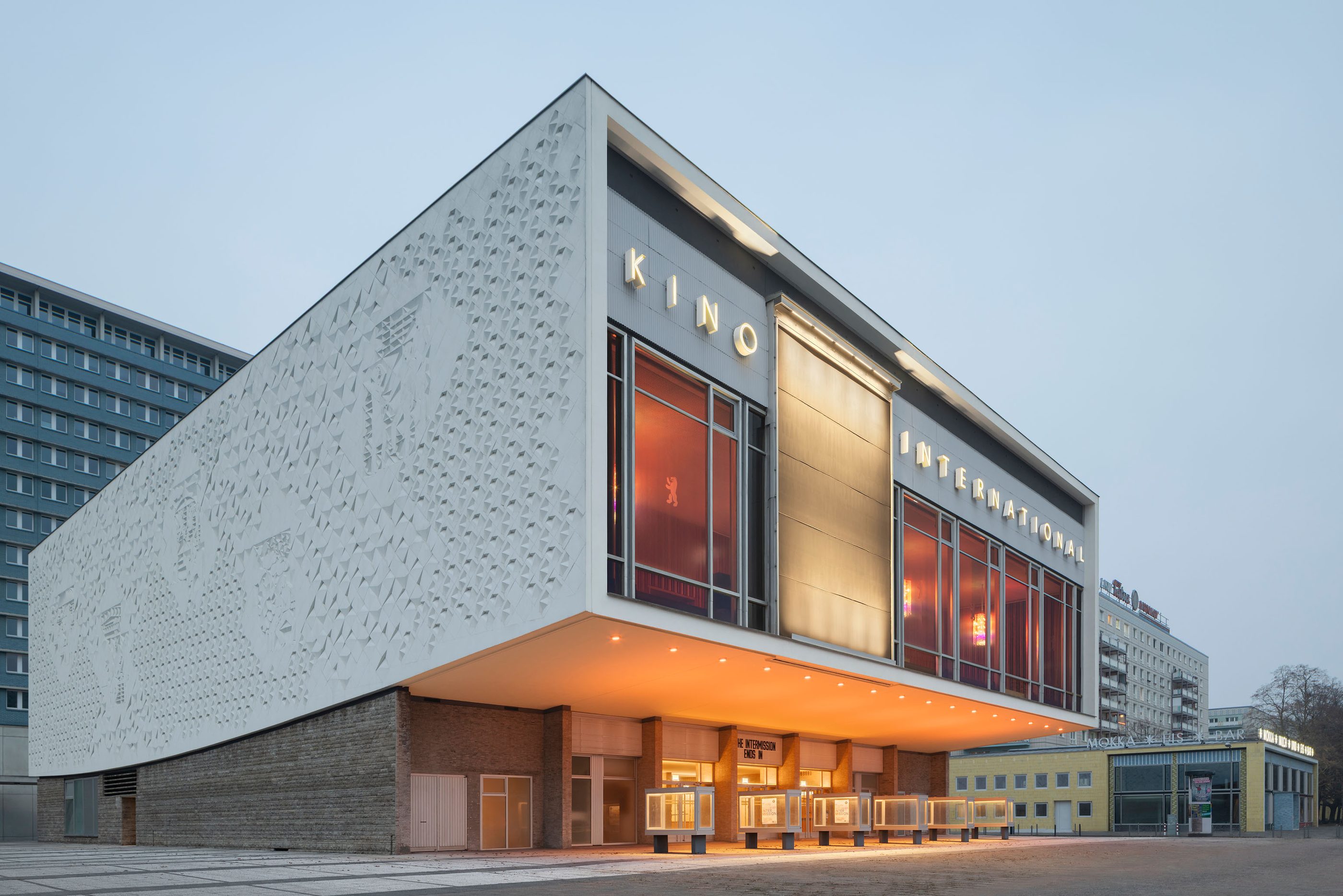 The Kino International seen from Karl-Marx-Allee: a modernist cinema with a transparent glass façade, Berlin